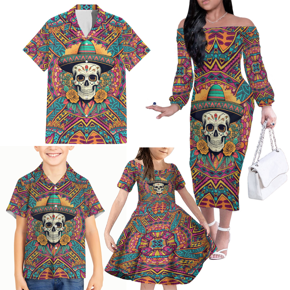 Mexico Skull Family Matching Off Shoulder Long Sleeve Dress and Hawaiian Shirt Let's Move To Mexico - Wonder Print Shop