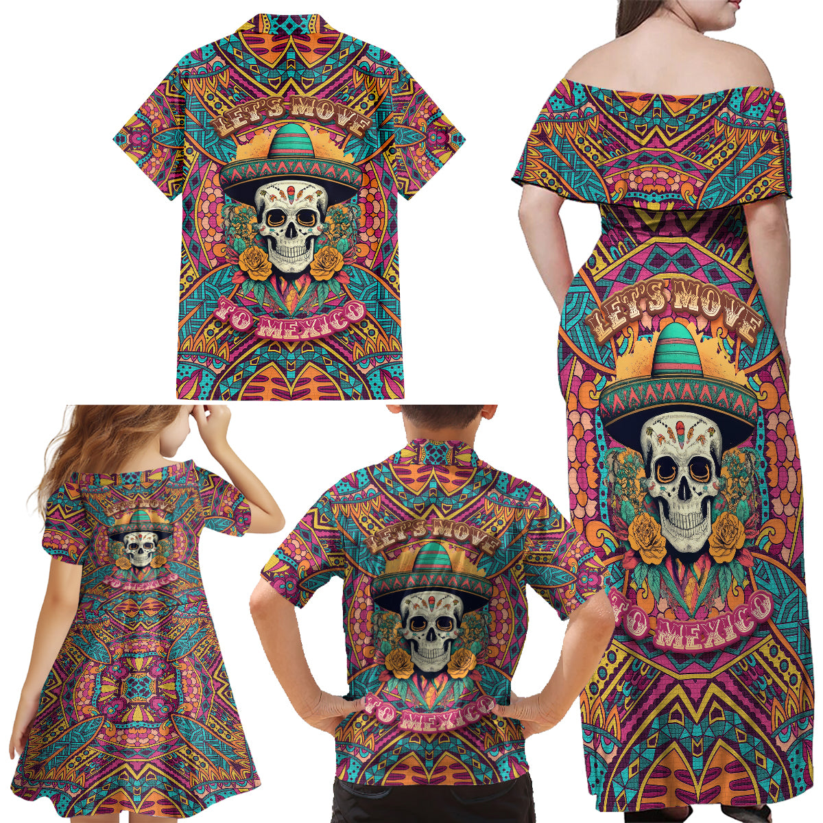 Mexico Skull Family Matching Off Shoulder Long Sleeve Dress and Hawaiian Shirt Let's Move To Mexico - Wonder Print Shop