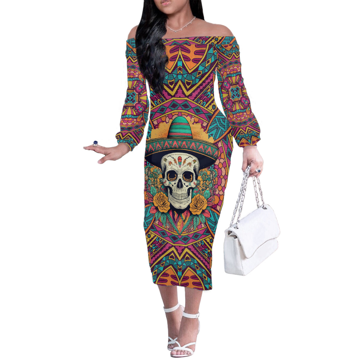Mexico Skull Family Matching Off Shoulder Long Sleeve Dress and Hawaiian Shirt Let's Move To Mexico - Wonder Print Shop
