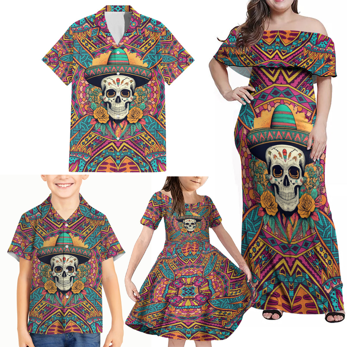 Mexico Skull Family Matching Off Shoulder Maxi Dress and Hawaiian Shirt Let's Move To Mexico - Wonder Print Shop