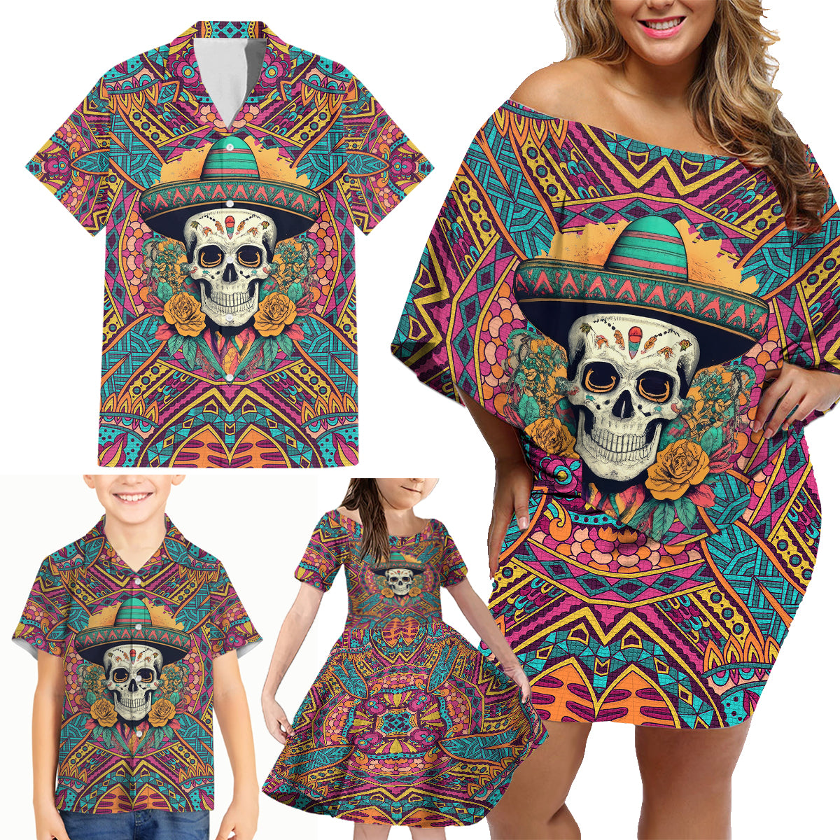 Mexico Skull Family Matching Off Shoulder Short Dress and Hawaiian Shirt Let's Move To Mexico - Wonder Print Shop