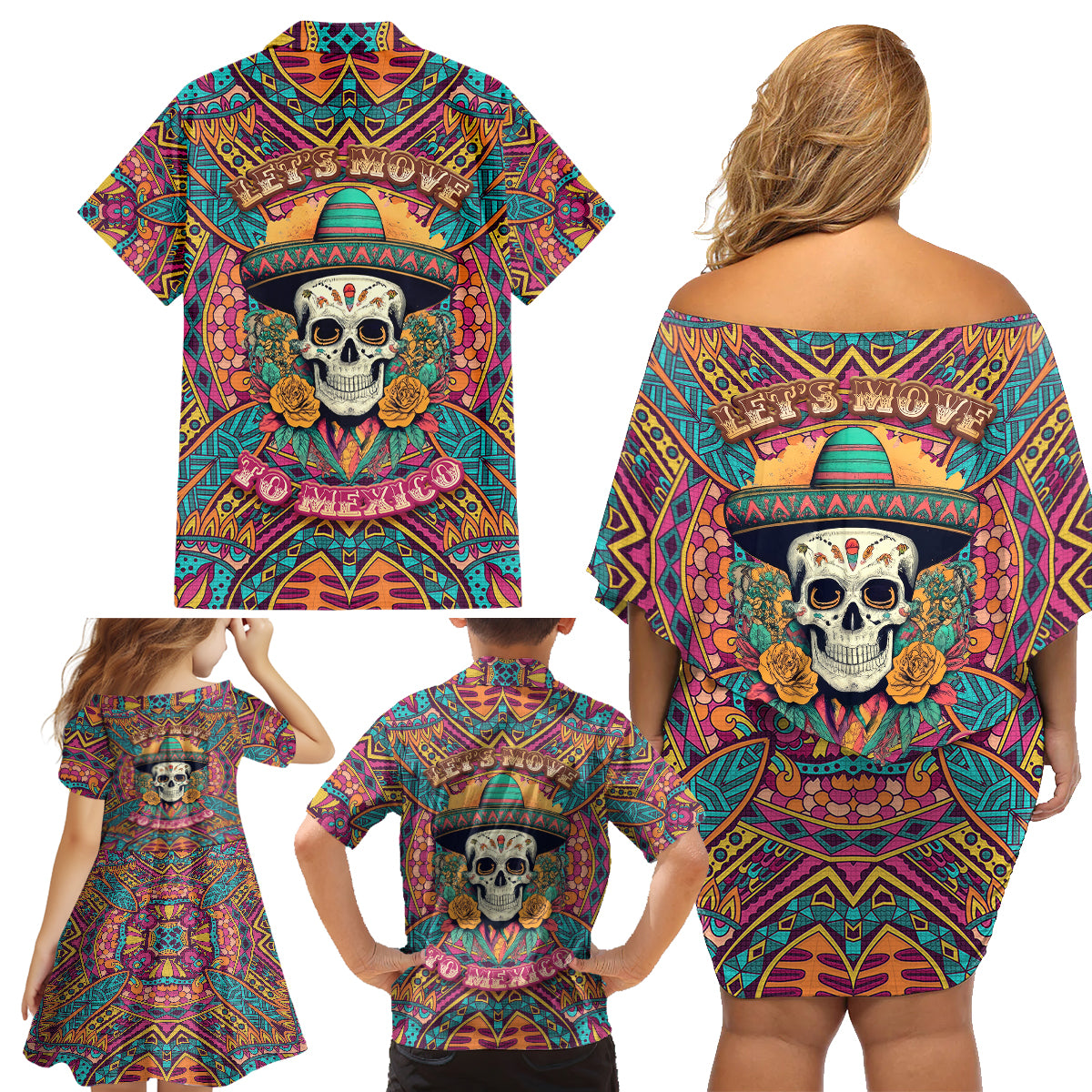 Mexico Skull Family Matching Off Shoulder Short Dress and Hawaiian Shirt Let's Move To Mexico - Wonder Print Shop