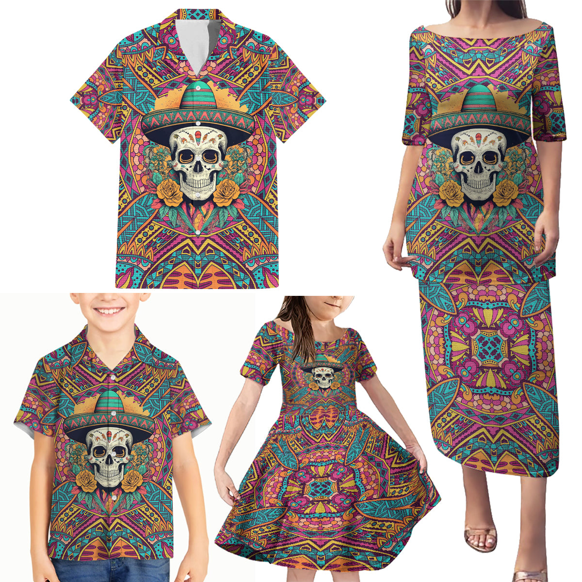 Mexico Skull Family Matching Puletasi Dress and Hawaiian Shirt Let's Move To Mexico - Wonder Print Shop