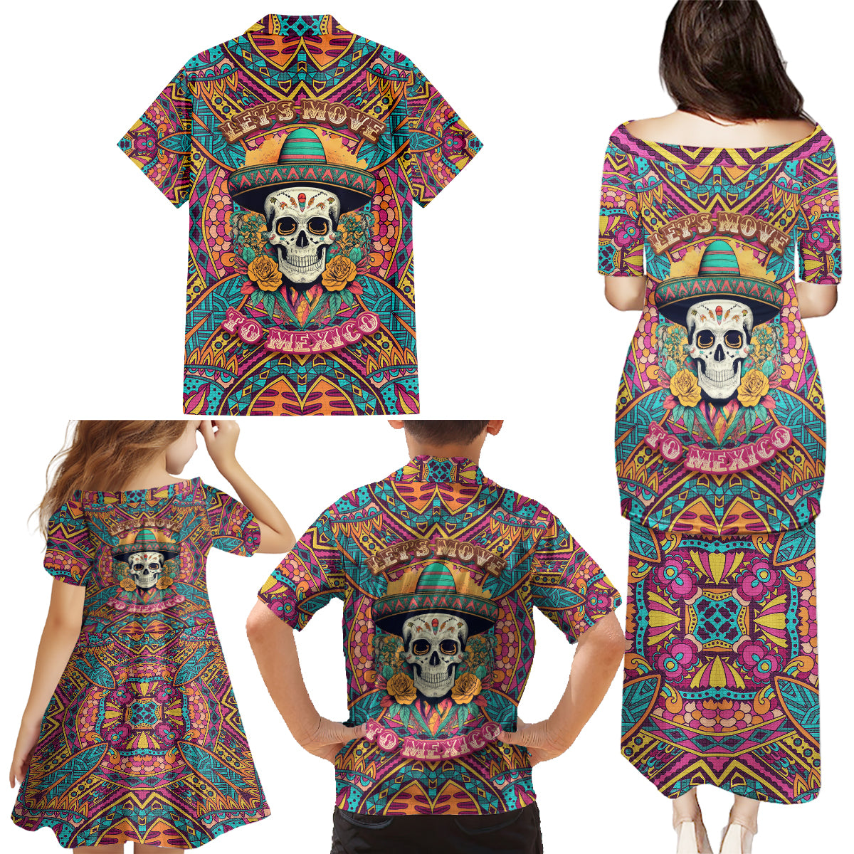 Mexico Skull Family Matching Puletasi Dress and Hawaiian Shirt Let's Move To Mexico - Wonder Print Shop