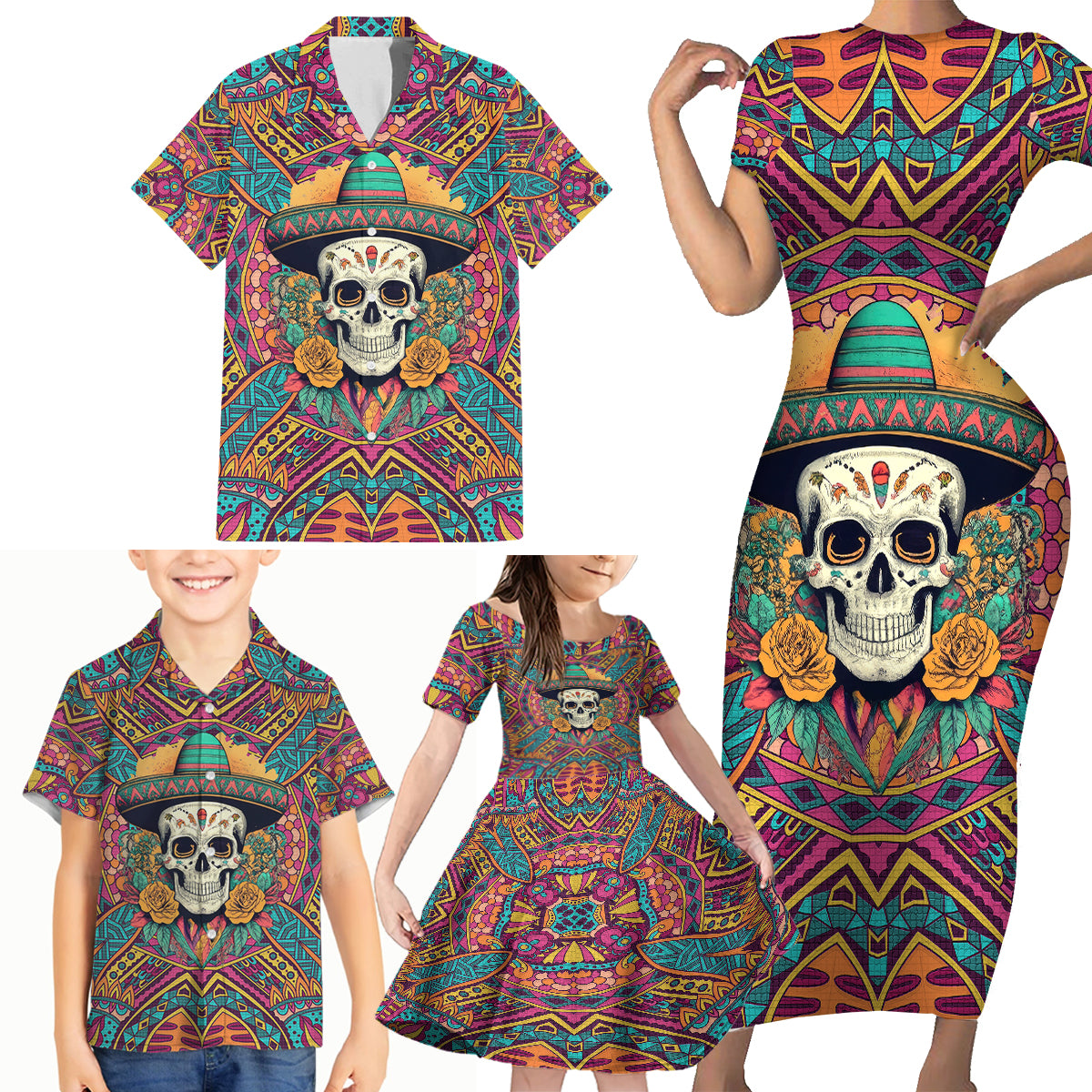 Mexico Skull Family Matching Short Sleeve Bodycon Dress and Hawaiian Shirt Let's Move To Mexico - Wonder Print Shop
