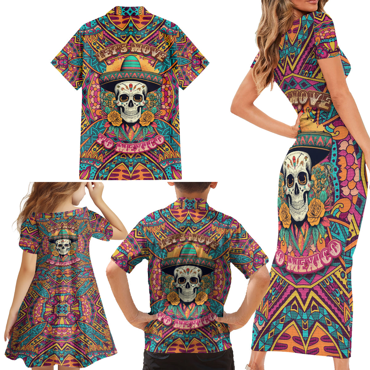 Mexico Skull Family Matching Short Sleeve Bodycon Dress and Hawaiian Shirt Let's Move To Mexico - Wonder Print Shop