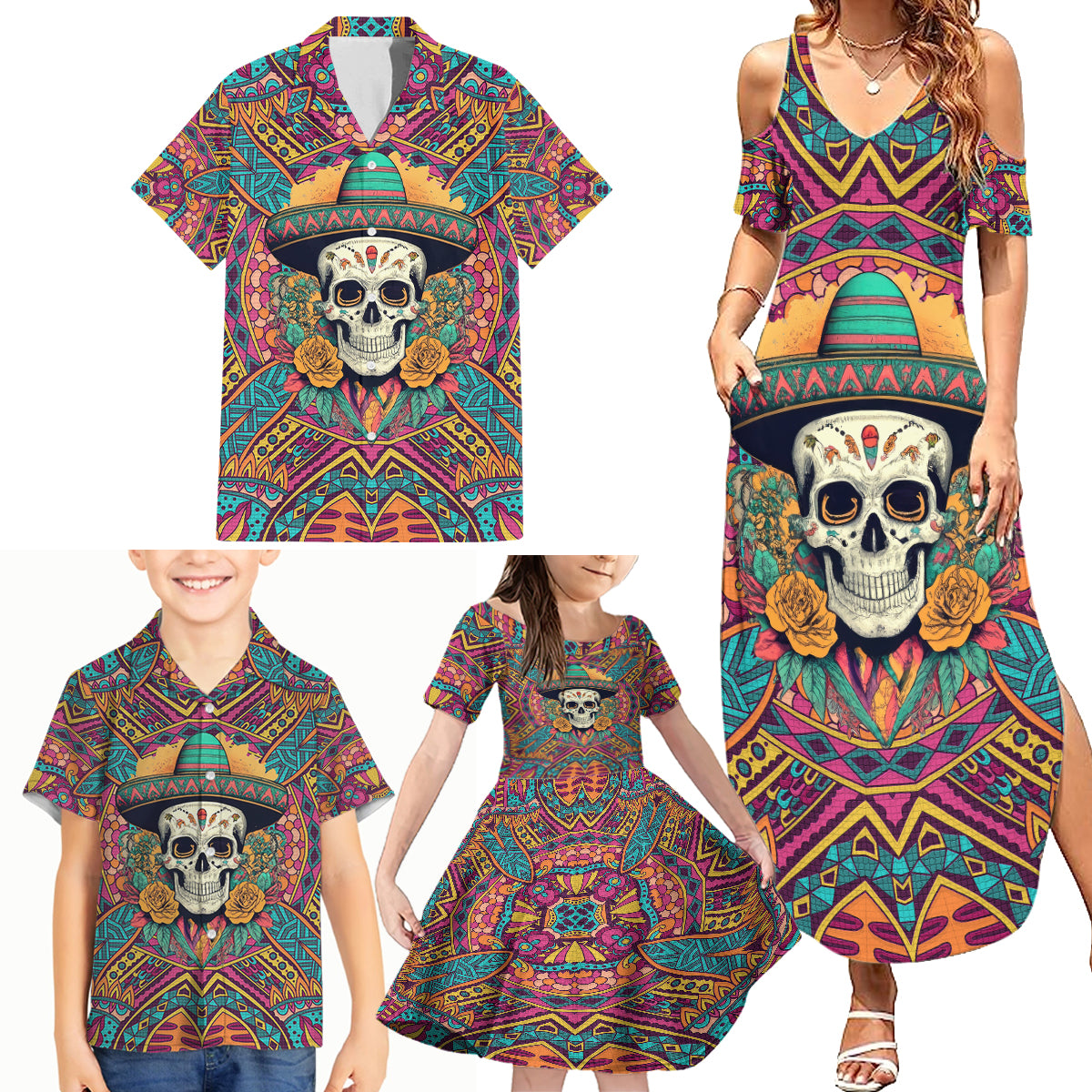 Mexico Skull Family Matching Summer Maxi Dress and Hawaiian Shirt Let's Move To Mexico - Wonder Print Shop