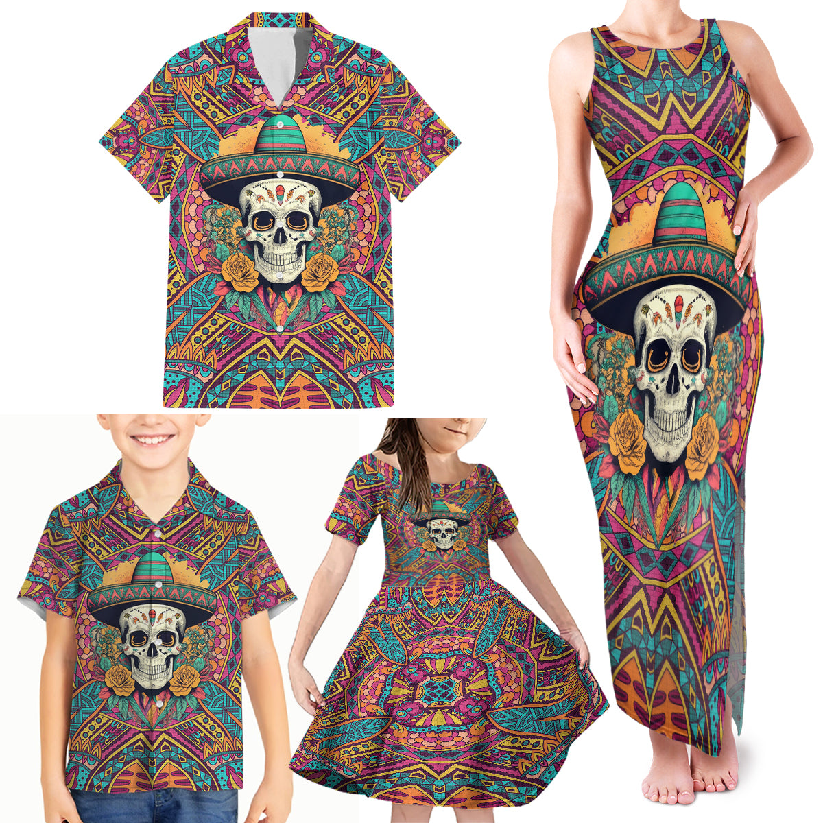 Mexico Skull Family Matching Tank Maxi Dress and Hawaiian Shirt Let's Move To Mexico - Wonder Print Shop