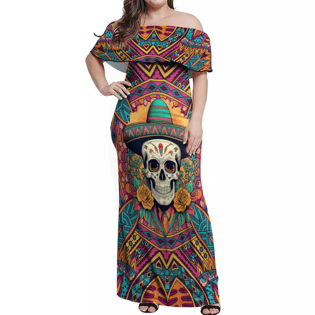 Mexico Skull Off Shoulder Maxi Dress Let's Move To Mexico - Wonder Print Shop