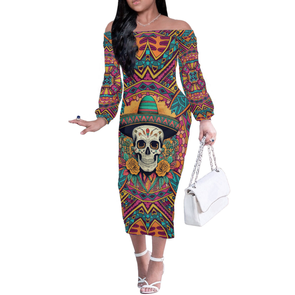 Mexico Skull Off The Shoulder Long Sleeve Dress Let's Move To Mexico - Wonder Print Shop