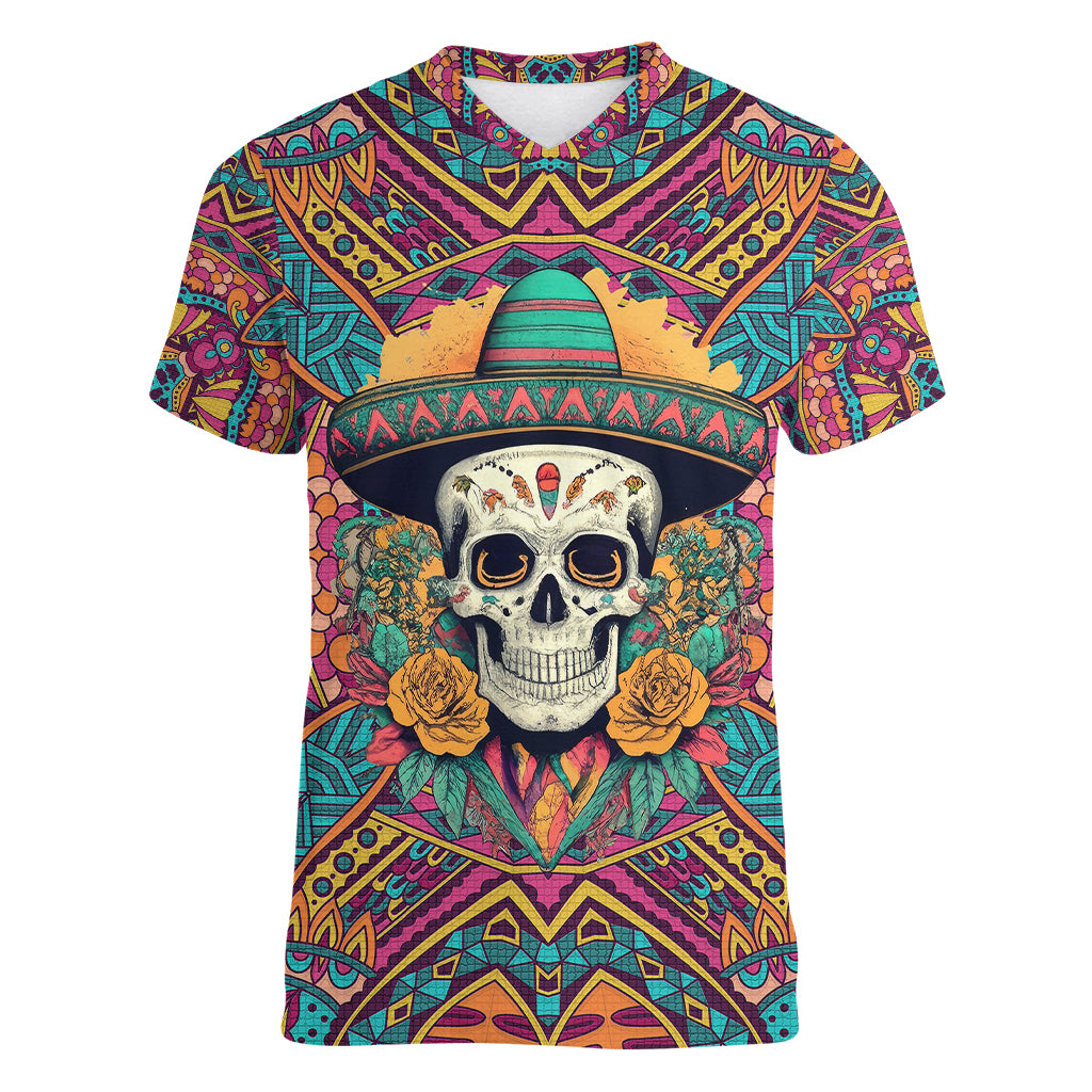 Mexico Skull Women V Neck T Shirt Let's Move To Mexico - Wonder Print Shop