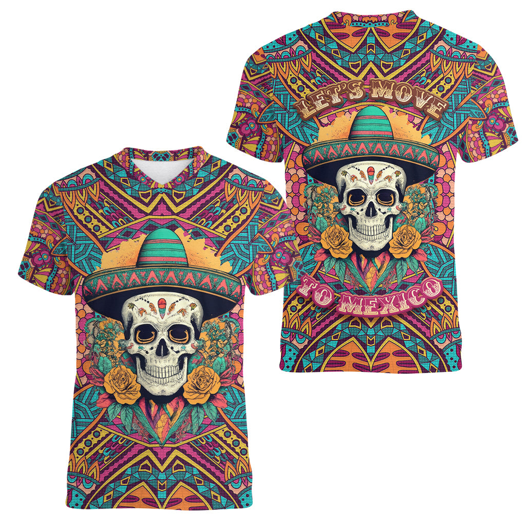 Mexico Skull Women V Neck T Shirt Let's Move To Mexico - Wonder Print Shop