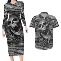 Black and White Metallica Skull Couples Matching Long Sleeve Bodycon Dress and Hawaiian Shirt - Wonder Print Shop
