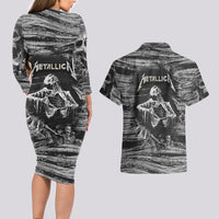Black and White Metallica Skull Couples Matching Long Sleeve Bodycon Dress and Hawaiian Shirt - Wonder Print Shop