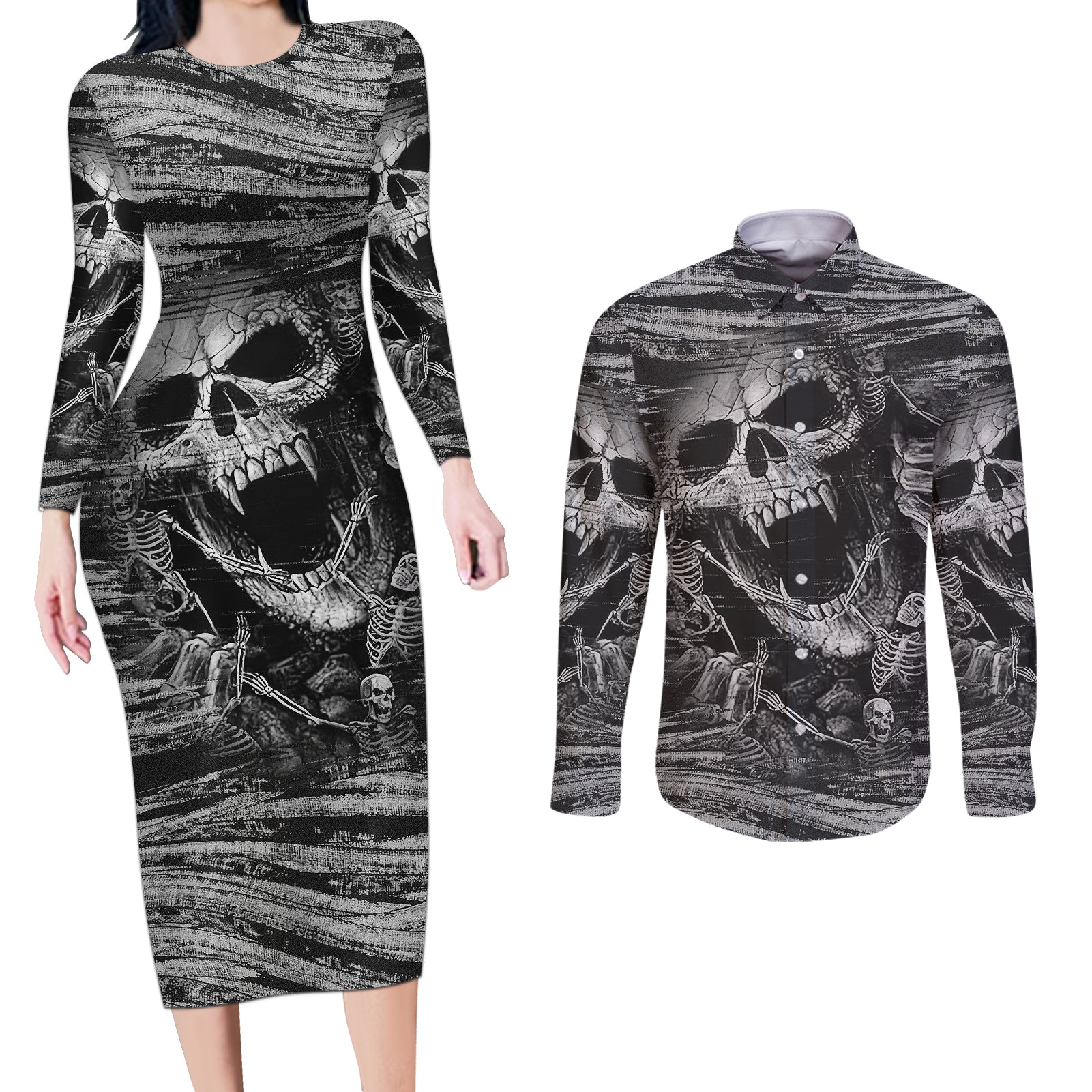 Black and White Metallica Skull Couples Matching Long Sleeve Bodycon Dress and Long Sleeve Button Shirts - Wonder Print Shop