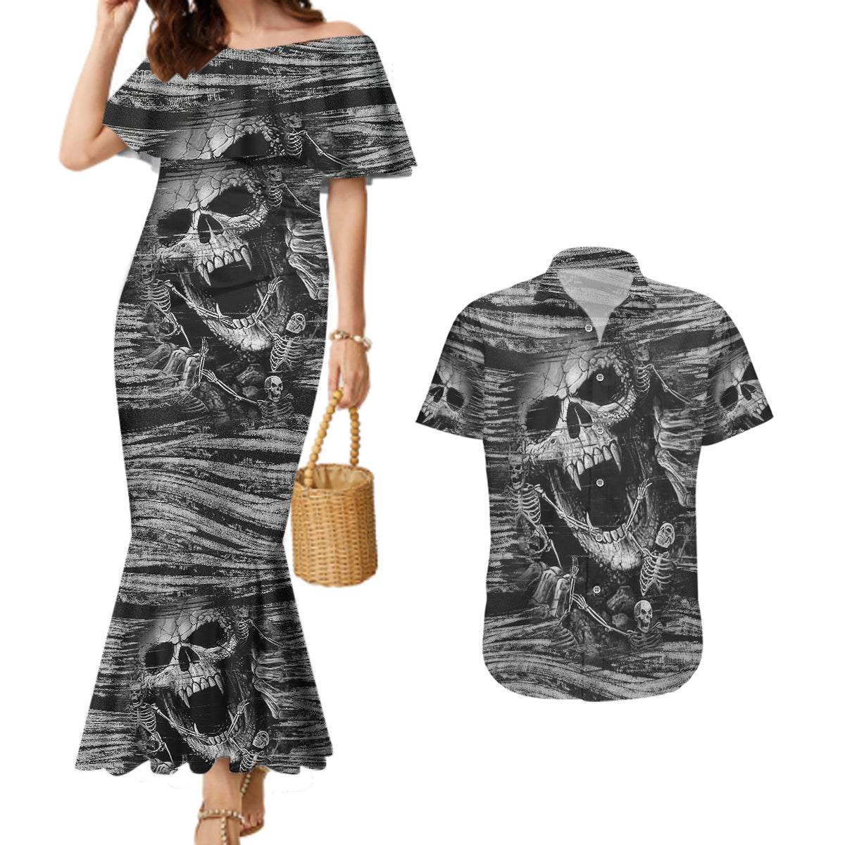 Black and White Metallica Skull Couples Matching Mermaid Dress and Hawaiian Shirt - Wonder Print Shop