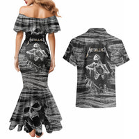 Black and White Metallica Skull Couples Matching Mermaid Dress and Hawaiian Shirt - Wonder Print Shop