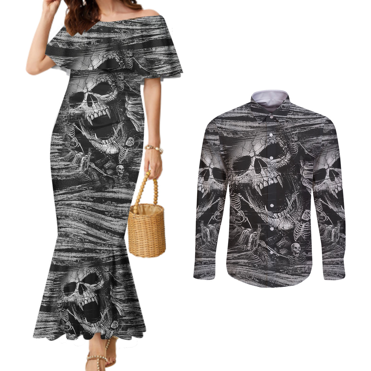 black-and-white-metallica-skull-couples-matching-mermaid-dress-and-long-sleeve-button-shirts