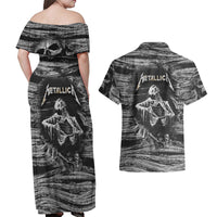 Black and White Metallica Skull Couples Matching Off Shoulder Maxi Dress and Hawaiian Shirt - Wonder Print Shop