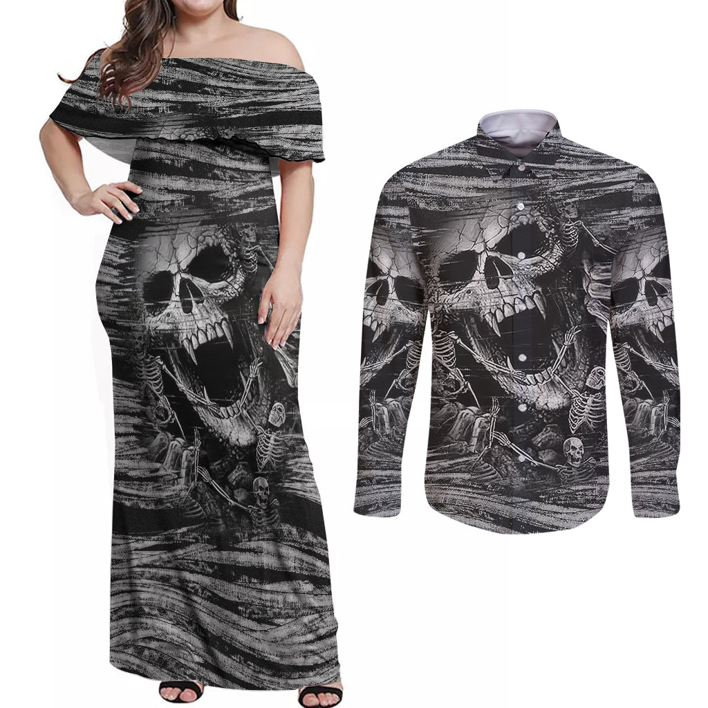 Black and White Metallica Skull Couples Matching Off Shoulder Maxi Dress and Long Sleeve Button Shirts - Wonder Print Shop