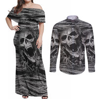Black and White Metallica Skull Couples Matching Off Shoulder Maxi Dress and Long Sleeve Button Shirts - Wonder Print Shop