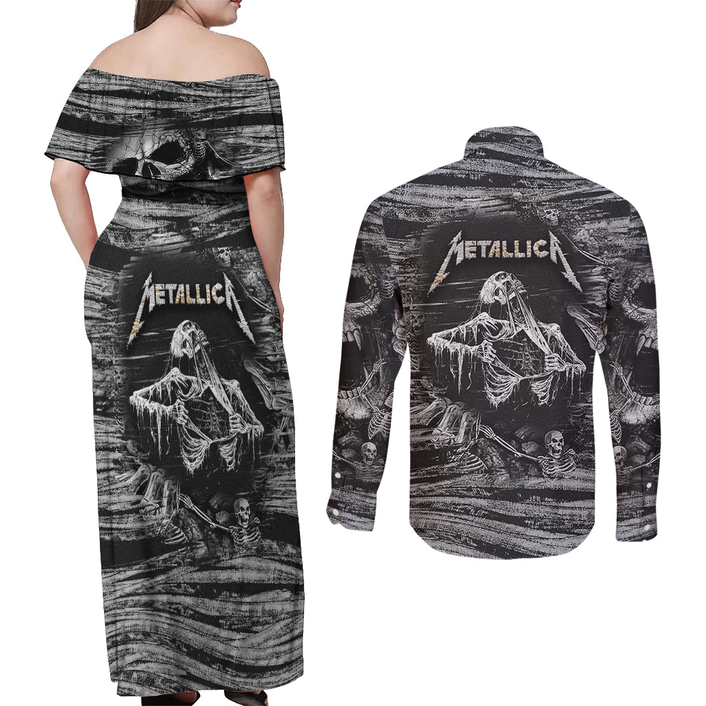 Black and White Metallica Skull Couples Matching Off Shoulder Maxi Dress and Long Sleeve Button Shirts - Wonder Print Shop