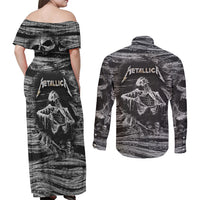 Black and White Metallica Skull Couples Matching Off Shoulder Maxi Dress and Long Sleeve Button Shirts - Wonder Print Shop