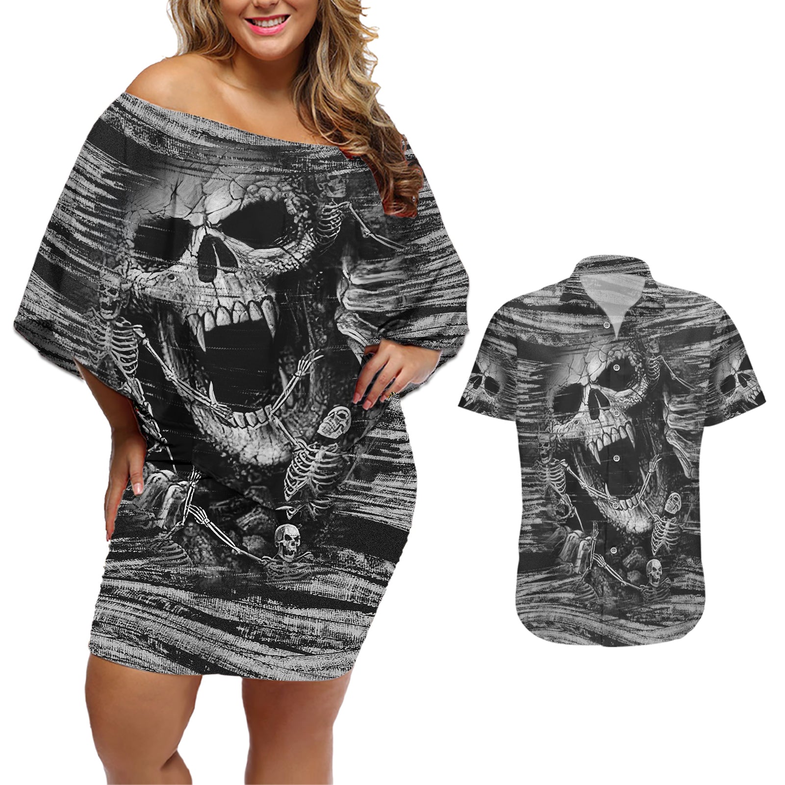 Black and White Metallica Skull Couples Matching Off Shoulder Short Dress and Hawaiian Shirt - Wonder Print Shop