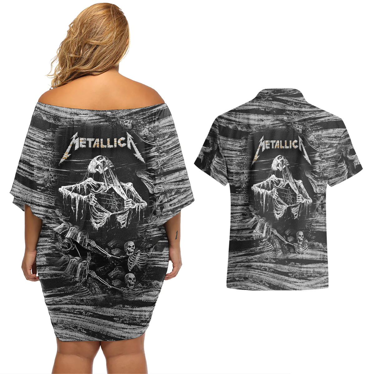 Black and White Metallica Skull Couples Matching Off Shoulder Short Dress and Hawaiian Shirt - Wonder Print Shop