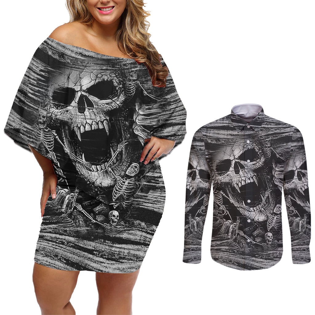 Black and White Metallica Skull Couples Matching Off Shoulder Short Dress and Long Sleeve Button Shirts - Wonder Print Shop