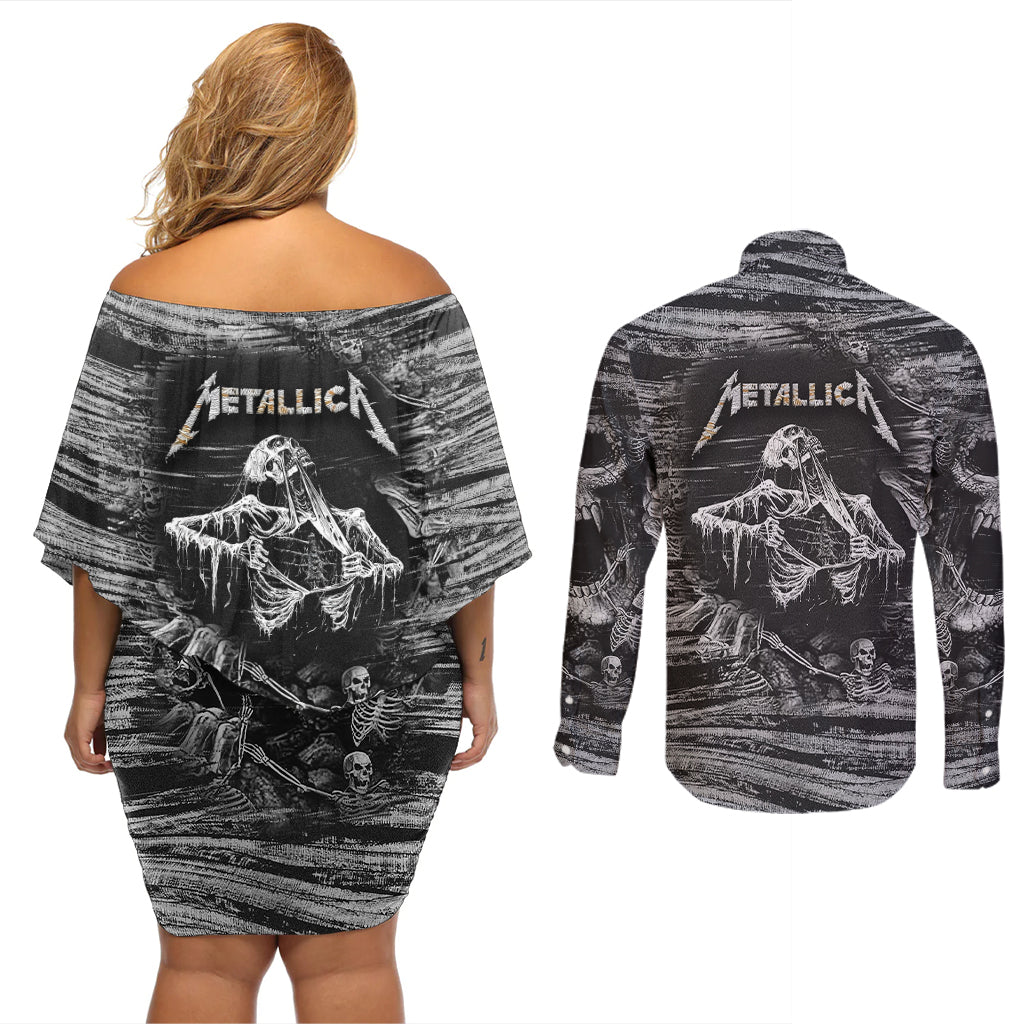 Black and White Metallica Skull Couples Matching Off Shoulder Short Dress and Long Sleeve Button Shirts - Wonder Print Shop