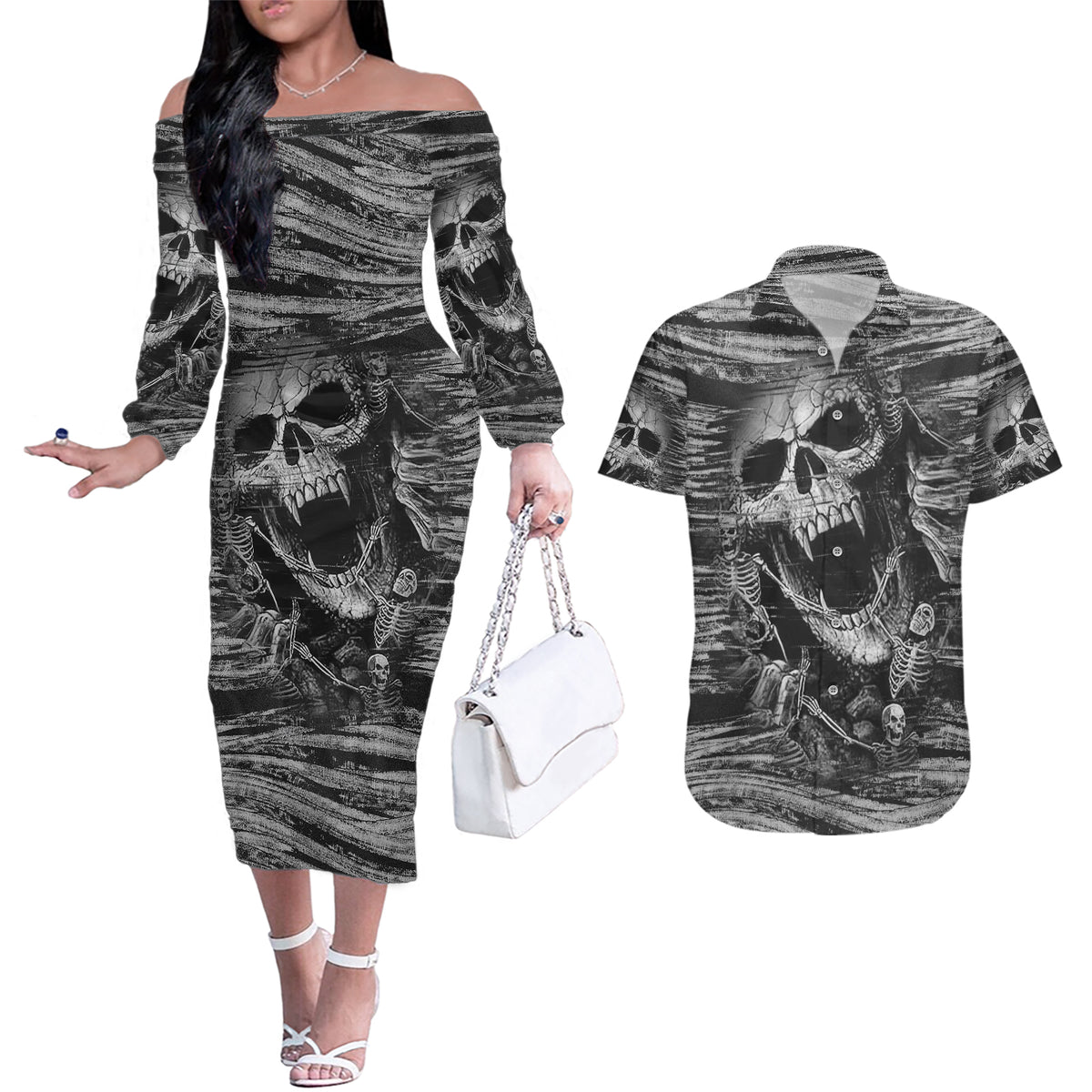 Black and White Metallica Skull Couples Matching Off The Shoulder Long Sleeve Dress and Hawaiian Shirt - Wonder Print Shop