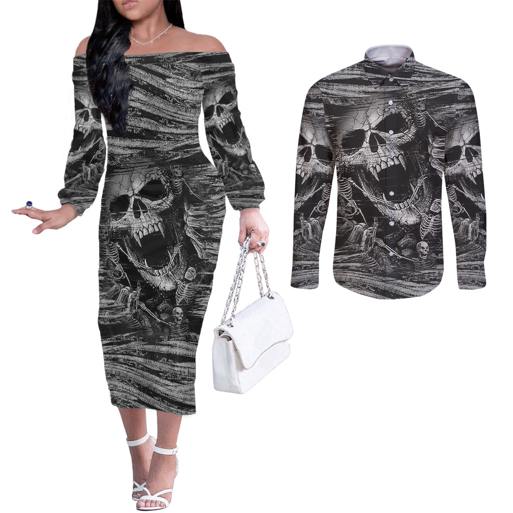black-and-white-metallica-skull-couples-matching-off-the-shoulder-long-sleeve-dress-and-long-sleeve-button-shirts