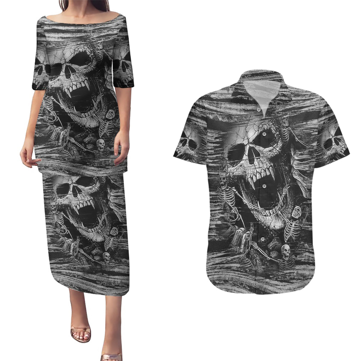 Black and White Metallica Skull Couples Matching Puletasi Dress and Hawaiian Shirt - Wonder Print Shop
