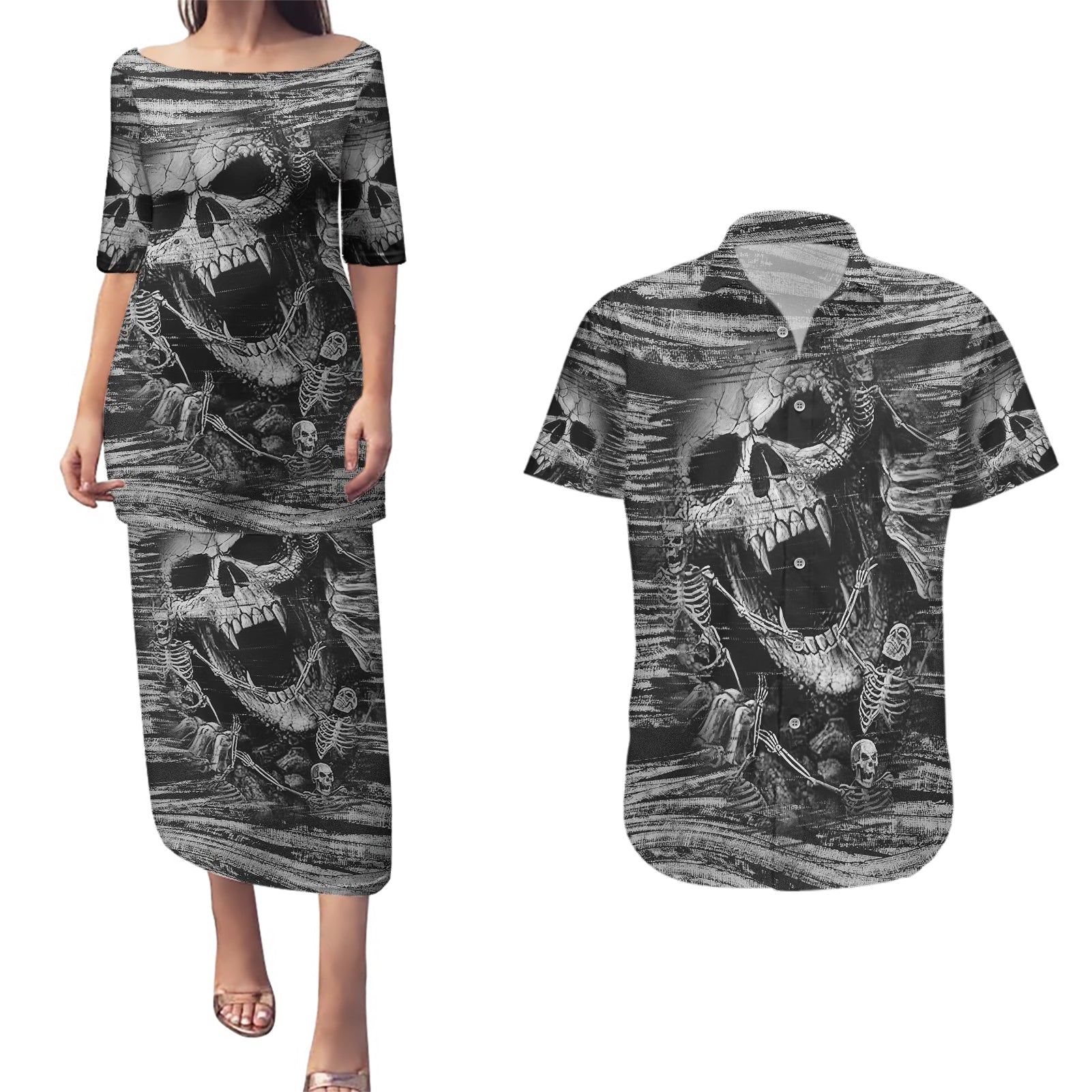 Black and White Metallica Skull Couples Matching Puletasi Dress and Hawaiian Shirt - Wonder Print Shop