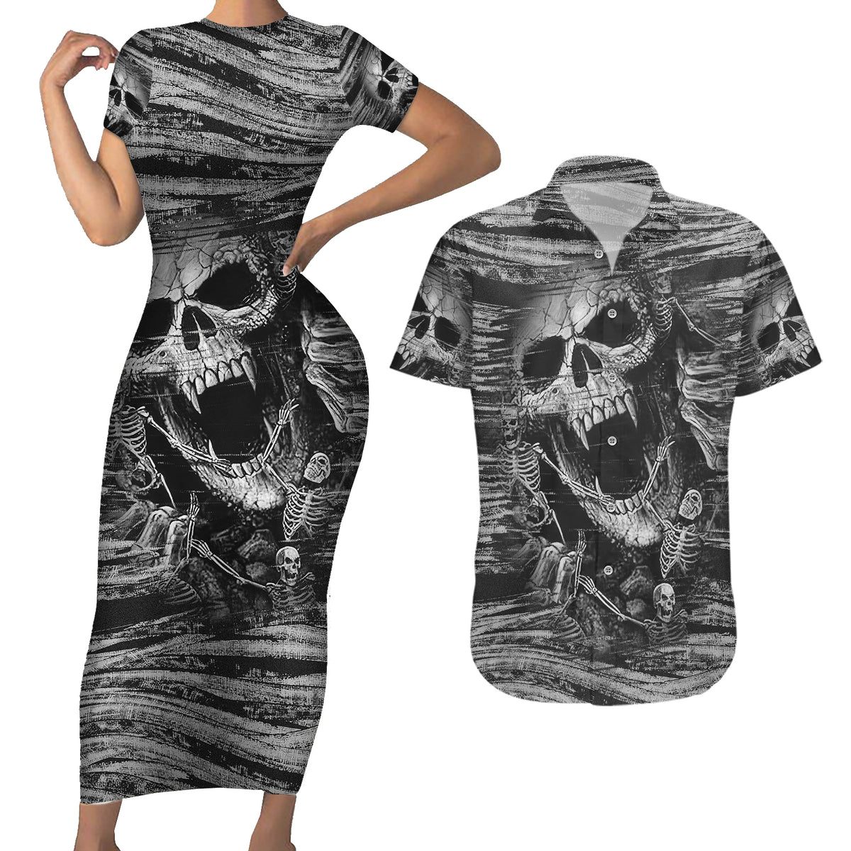 Black and White Metallica Skull Couples Matching Short Sleeve Bodycon Dress and Hawaiian Shirt - Wonder Print Shop