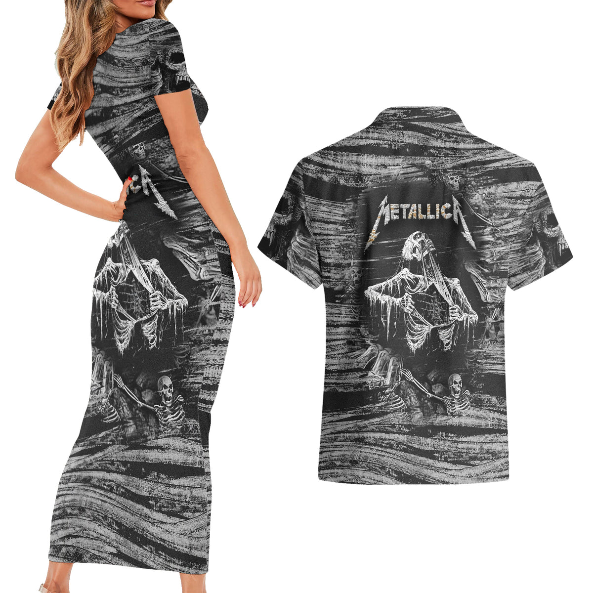 Black and White Metallica Skull Couples Matching Short Sleeve Bodycon Dress and Hawaiian Shirt - Wonder Print Shop