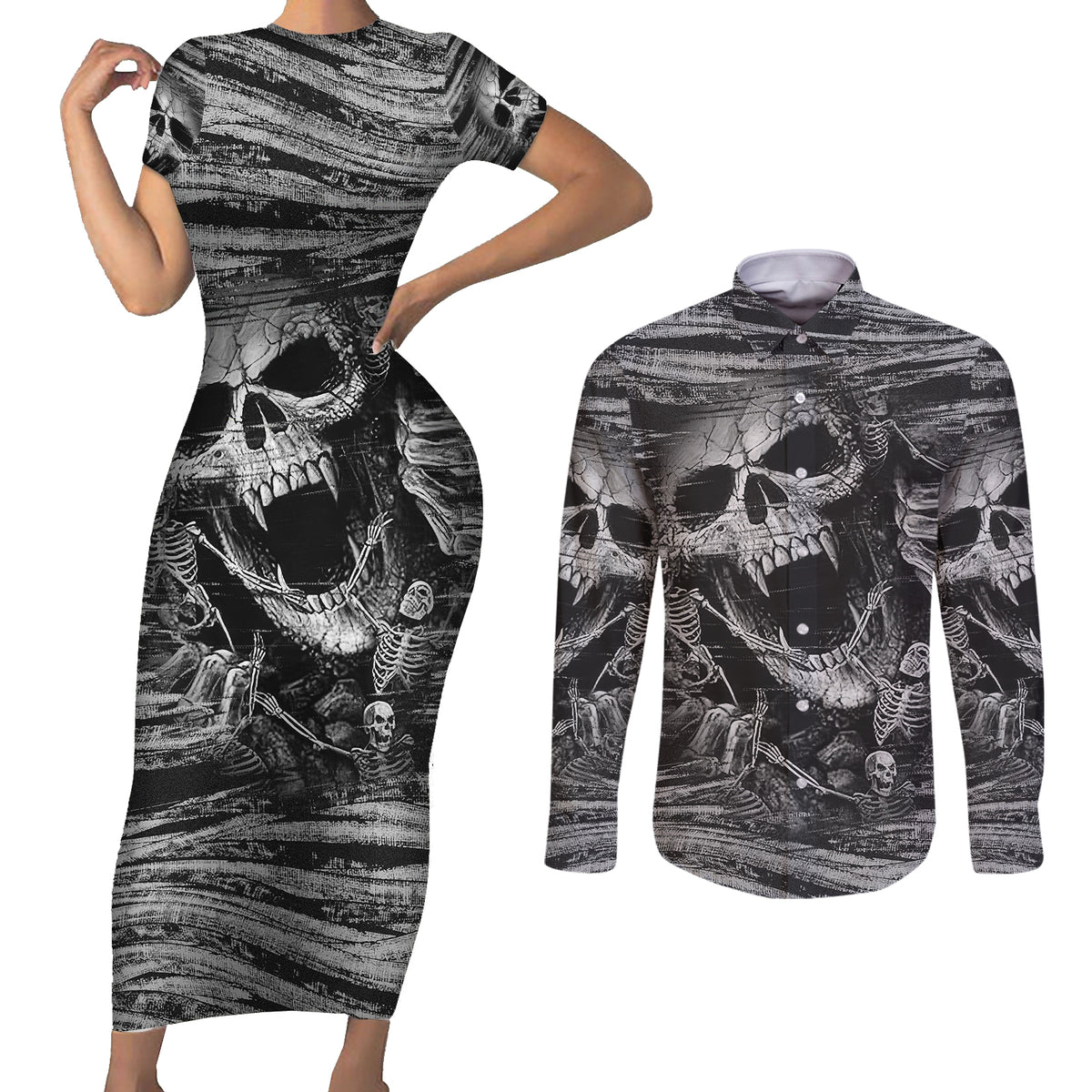 Black and White Metallica Skull Couples Matching Short Sleeve Bodycon Dress and Long Sleeve Button Shirts - Wonder Print Shop