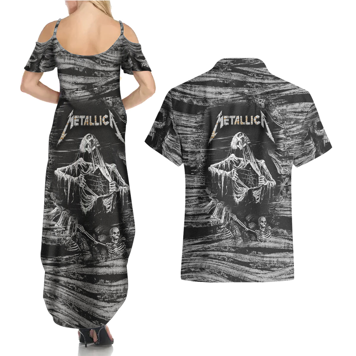 Black and White Metallica Skull Couples Matching Summer Maxi Dress and Hawaiian Shirt - Wonder Print Shop