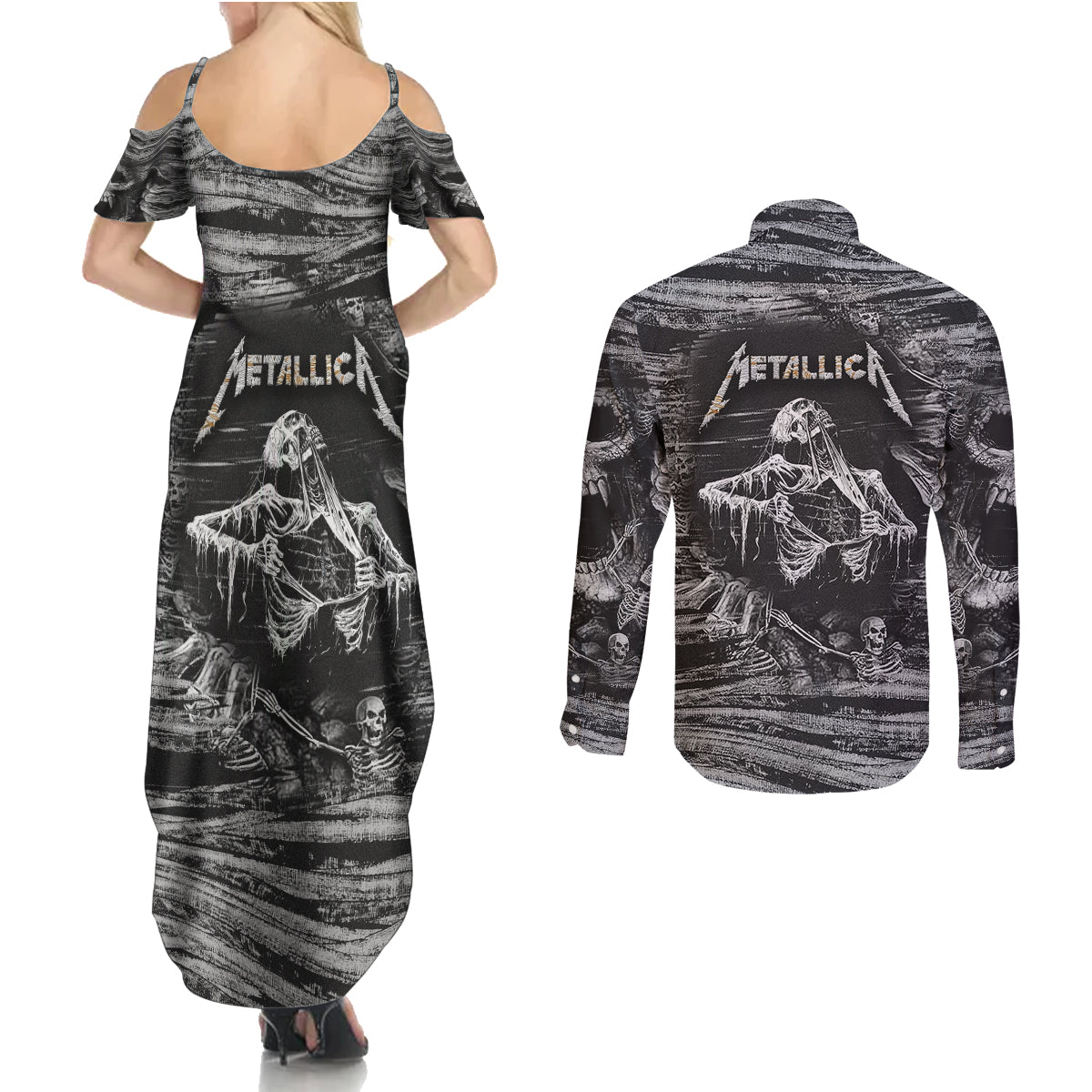 Black and White Metallica Skull Couples Matching Summer Maxi Dress and Long Sleeve Button Shirts - Wonder Print Shop