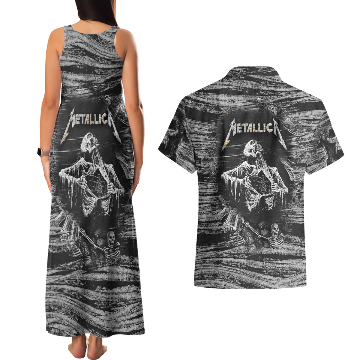 Black and White Metallica Skull Couples Matching Tank Maxi Dress and Hawaiian Shirt - Wonder Print Shop