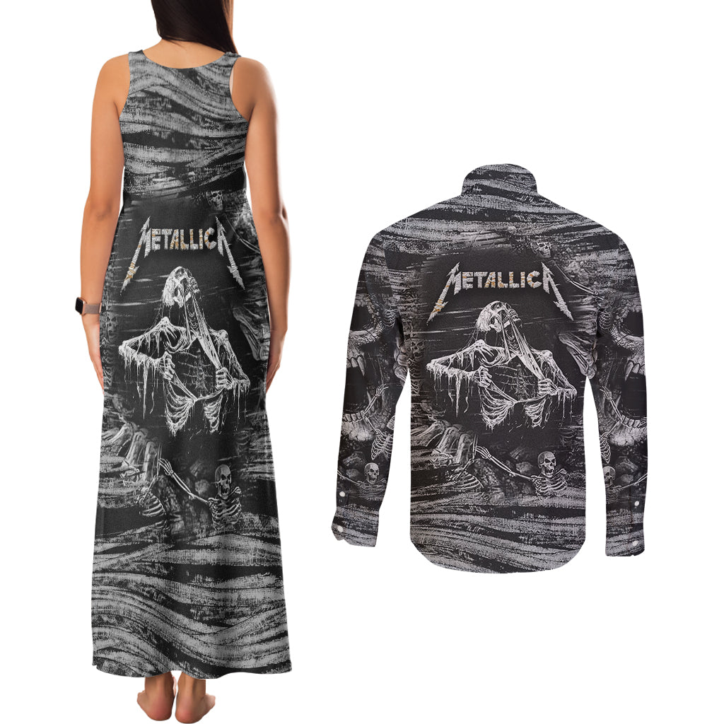 Black and White Metallica Skull Couples Matching Tank Maxi Dress and Long Sleeve Button Shirts - Wonder Print Shop