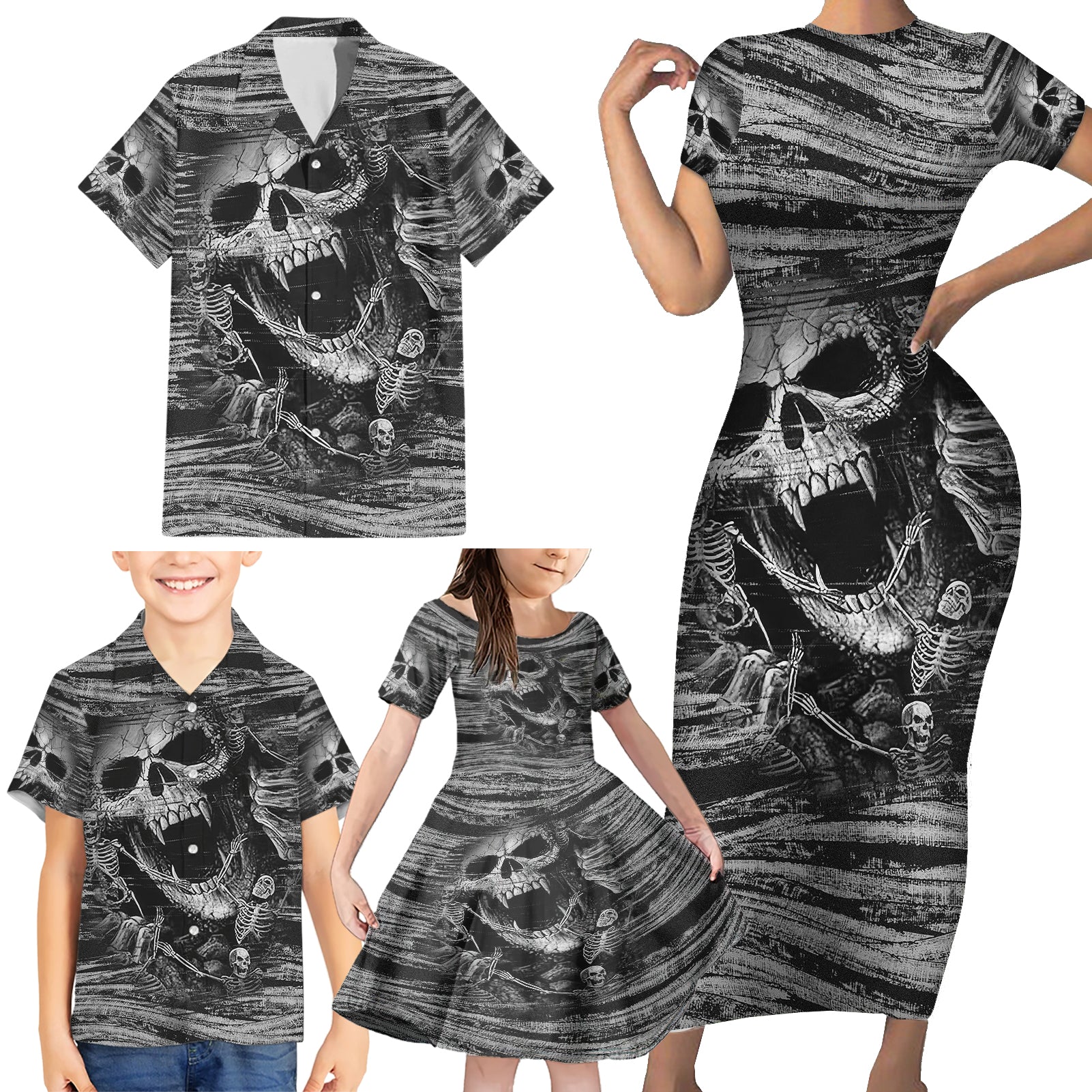 Black and White Metallica Skull Family Matching Short Sleeve Bodycon Dress and Hawaiian Shirt - Wonder Print Shop