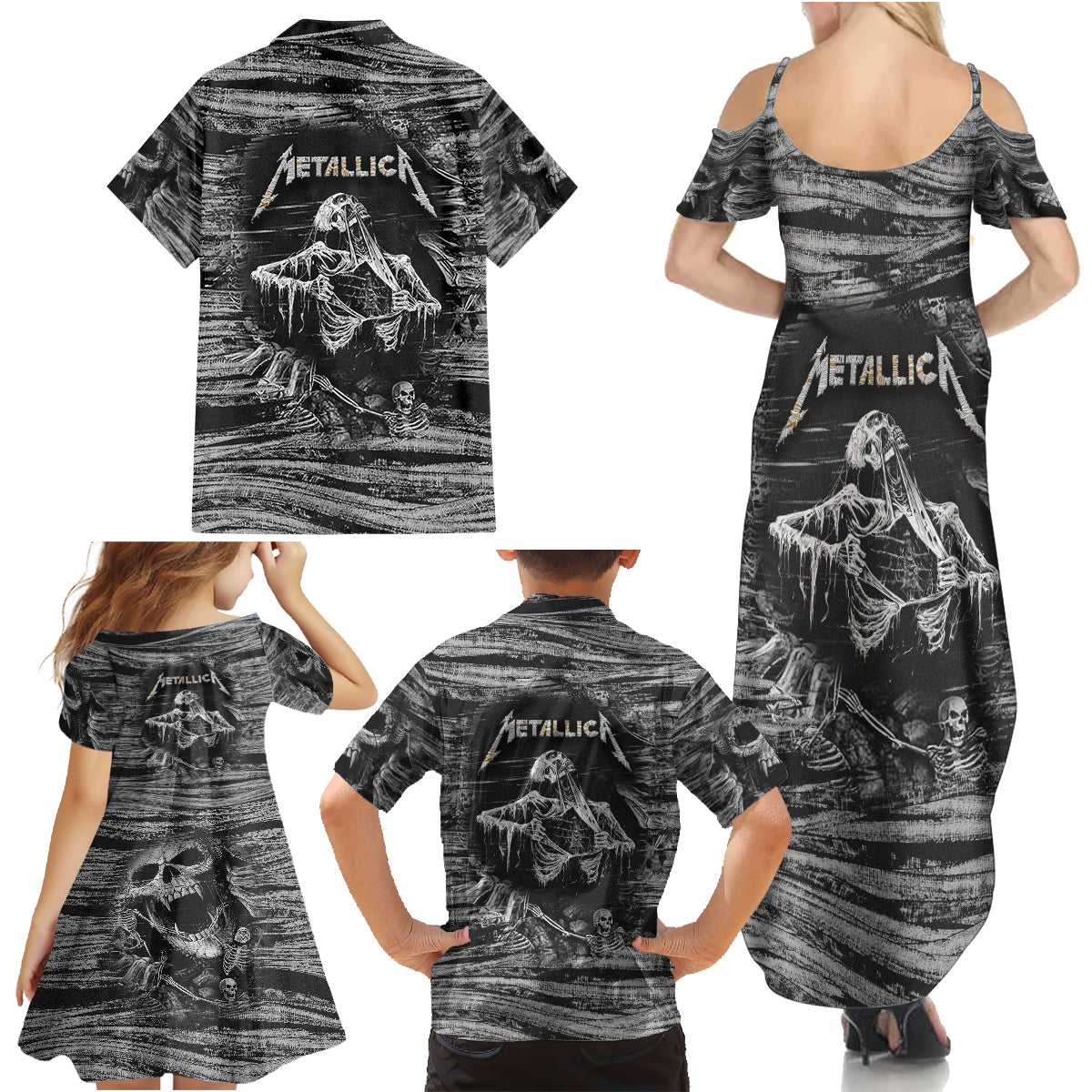 Black and White Metallica Skull Family Matching Summer Maxi Dress and Hawaiian Shirt - Wonder Print Shop