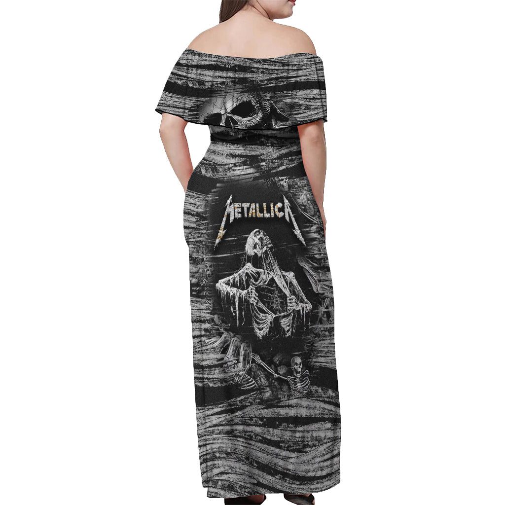 Black and White Metallica Skull Off Shoulder Maxi Dress - Wonder Print Shop