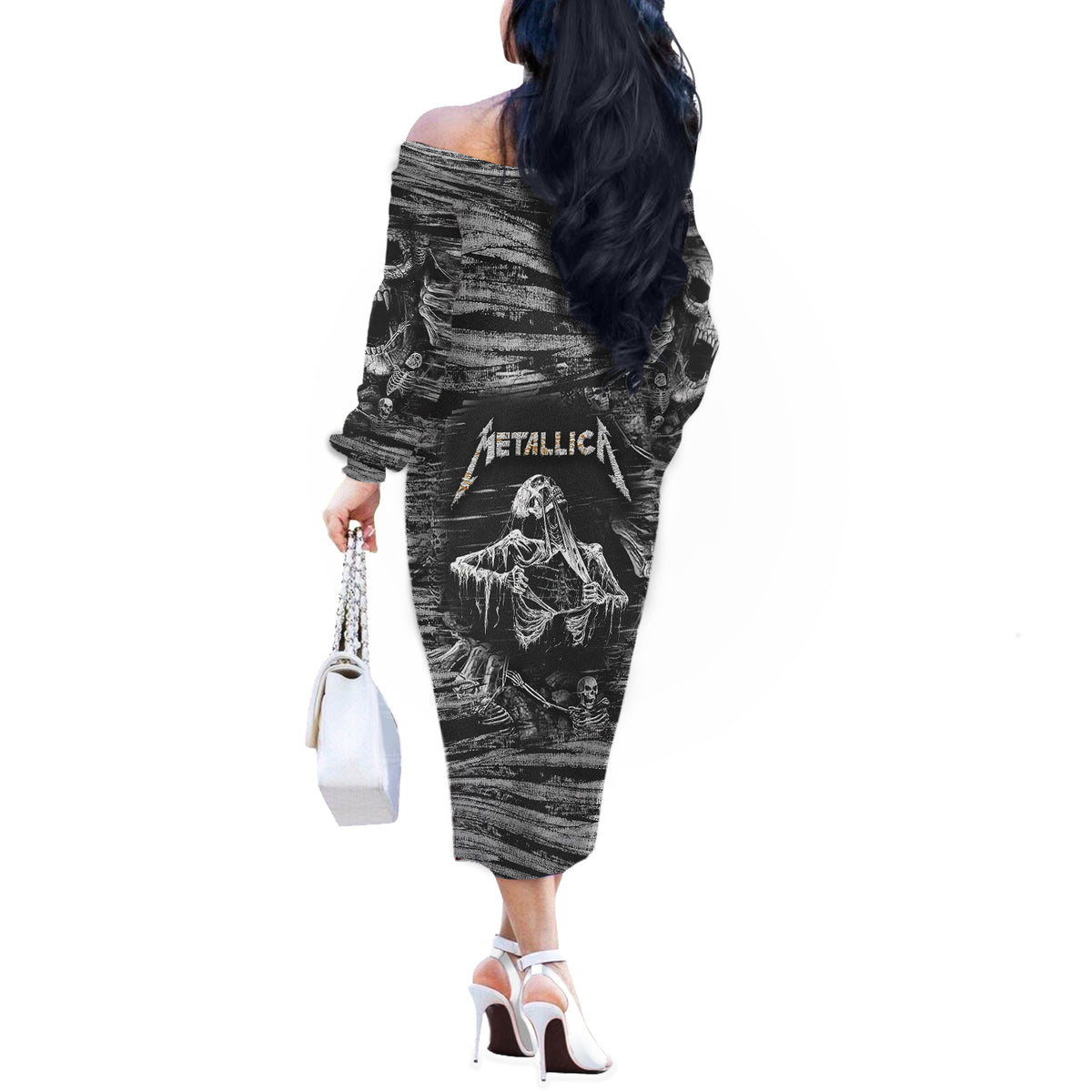 Black and White Metallica Skull Off The Shoulder Long Sleeve Dress - Wonder Print Shop