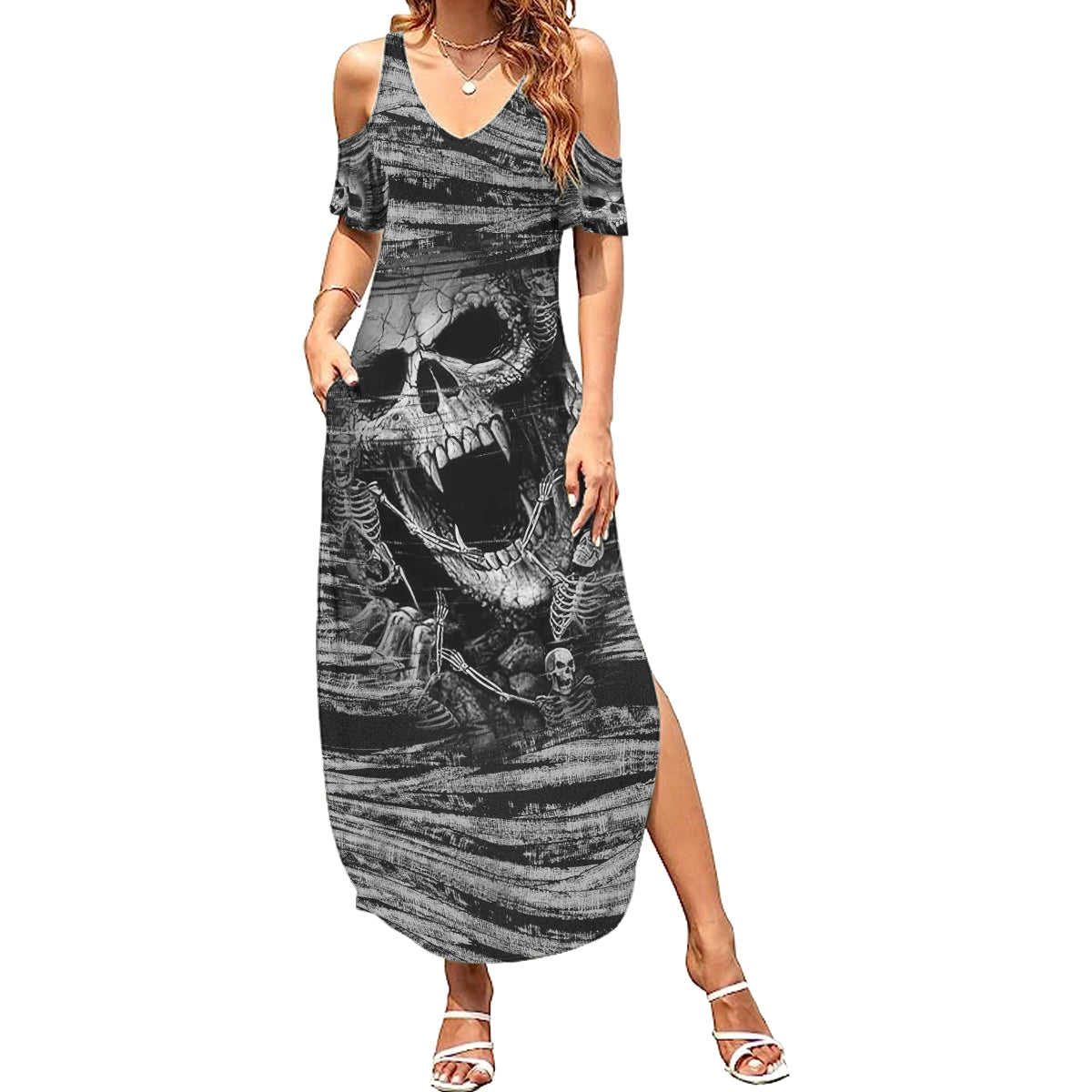 Black and White Metallica Skull Summer Maxi Dress - Wonder Print Shop