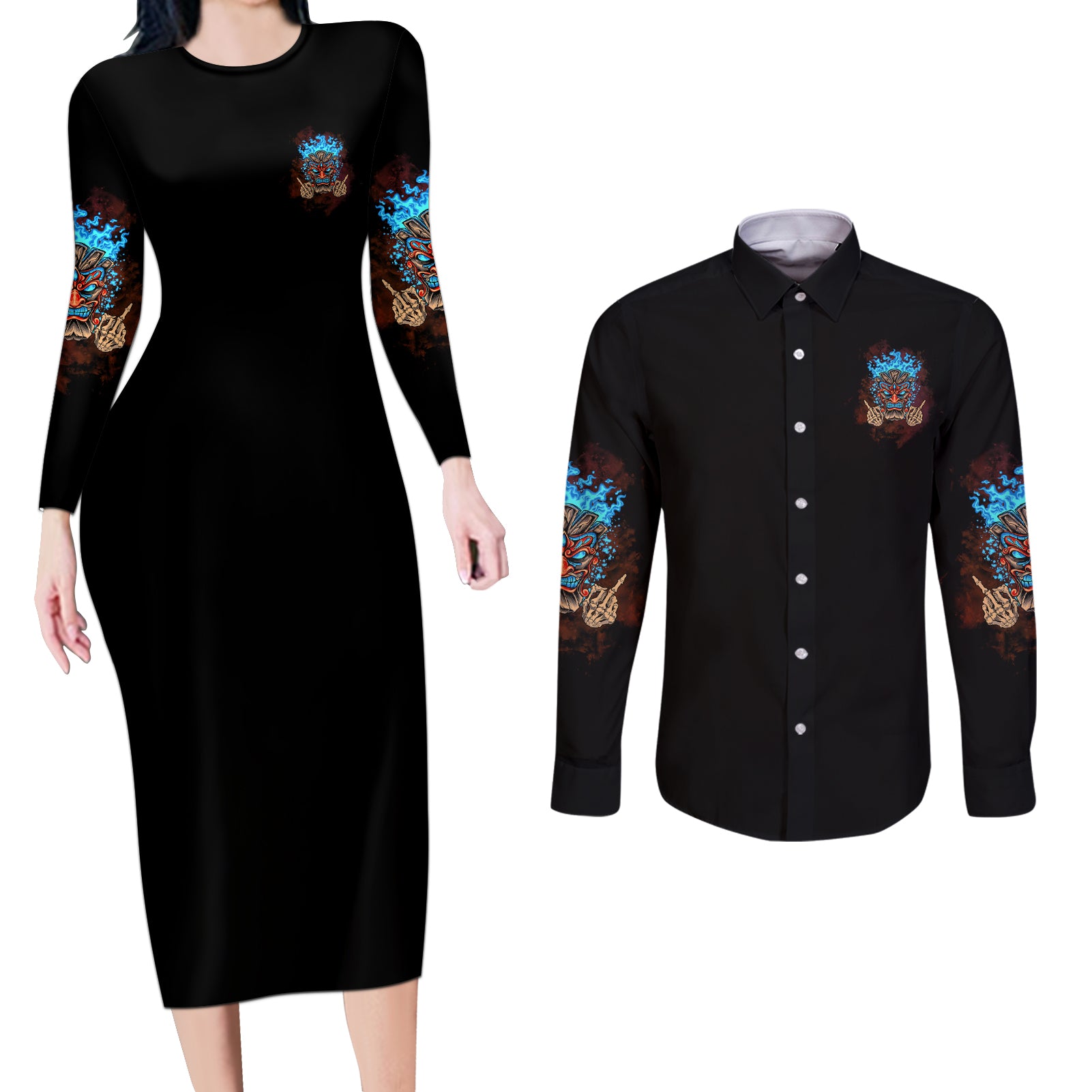 Which Lucky One Are You Skull Tiki Couples Matching Long Sleeve Bodycon Dress and Long Sleeve Button Shirt - Wonder Print Shop