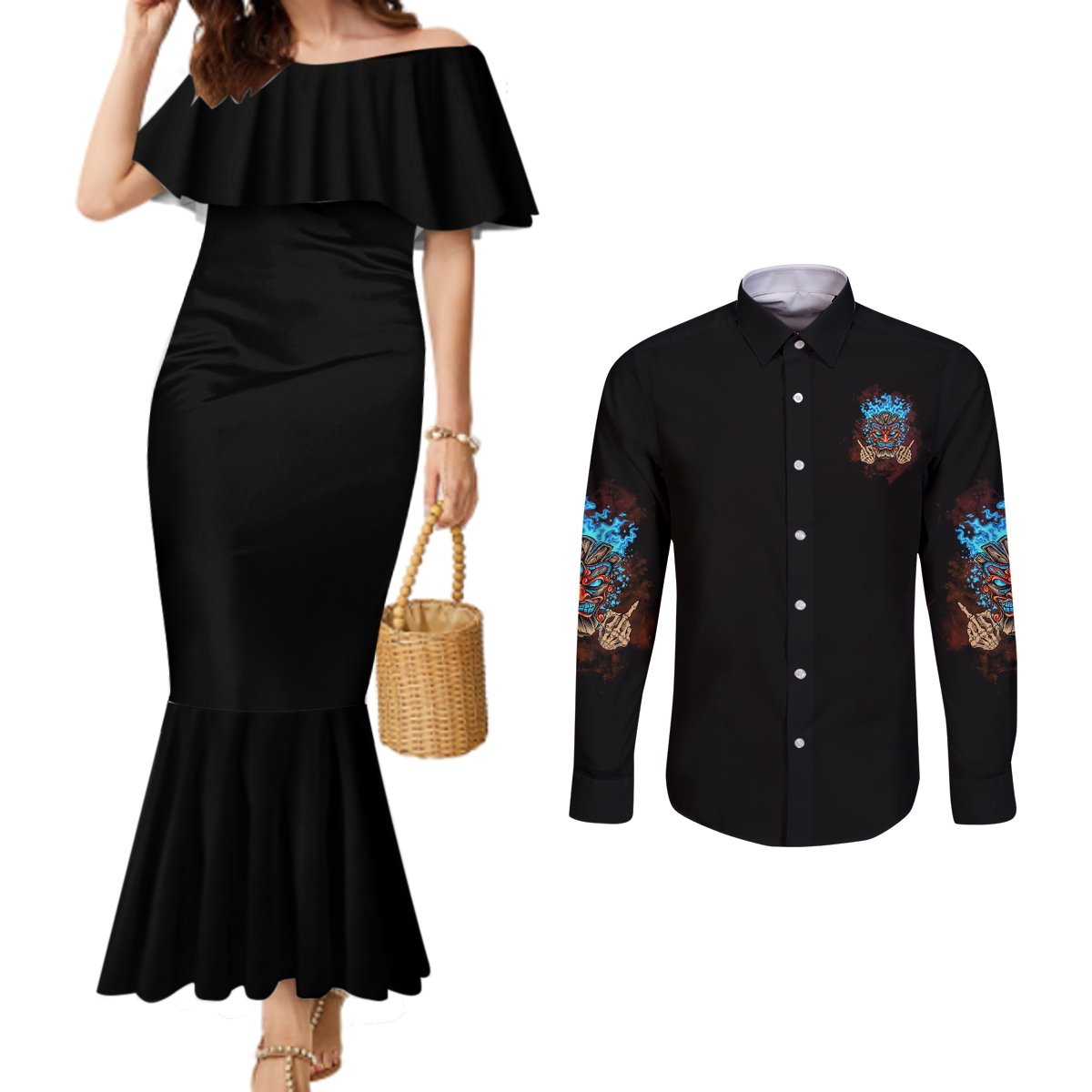 which-lucky-one-are-you-skull-tiki-couples-matching-mermaid-dress-and-long-sleeve-button-shirt