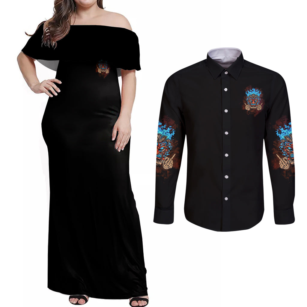 Which Lucky One Are You Skull Tiki Couples Matching Off Shoulder Maxi Dress and Long Sleeve Button Shirt - Wonder Print Shop